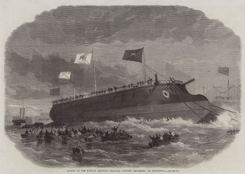 Lansering av det ryska Ironclad Floating Battery Pervenetz, på Blackwall av Edwin Weedon