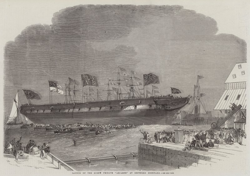 Lansering av skruvfregatten Ariadne på Deptford Dockyard av Edwin Weedon