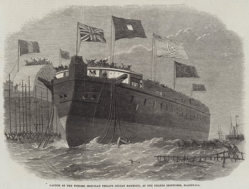 Lansering av den turkiska järnklädda fregatten Sultan Mahmoud, vid Thames Ironworks, Blackwall av Edwin Weedon