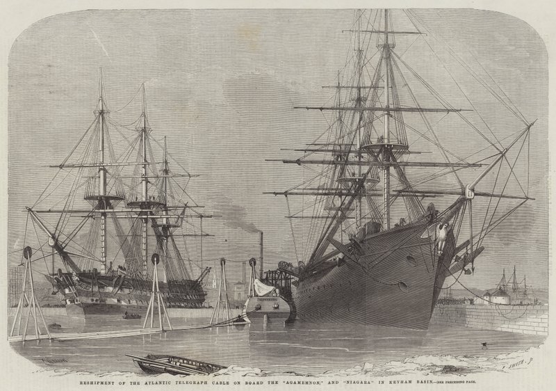 Återsändning av Atlantic Telegraph Cable ombord på Agamemnon och Niagara i Keyham Basin av Edwin Weedon