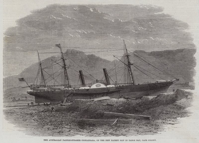 Den australiska paddelångaren Coonanbara, på den nya patentskylten i Table Bay, Kapkolon av Edwin Weedon