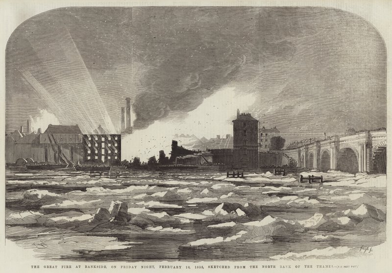 Den stora branden i Bankside fredag kväll den 16 februari 1855, skisserad från den norra stranden av Themsen. av Edwin Weedon