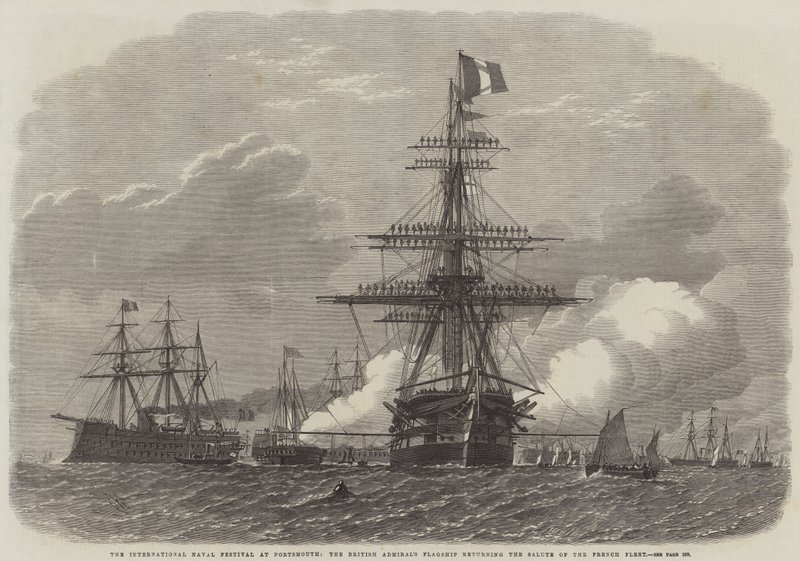 Den internationella sjöfestivalen i Portsmouth, den brittiska amiralens flaggskepp återvänder den franska flottans hälsning av Edwin Weedon