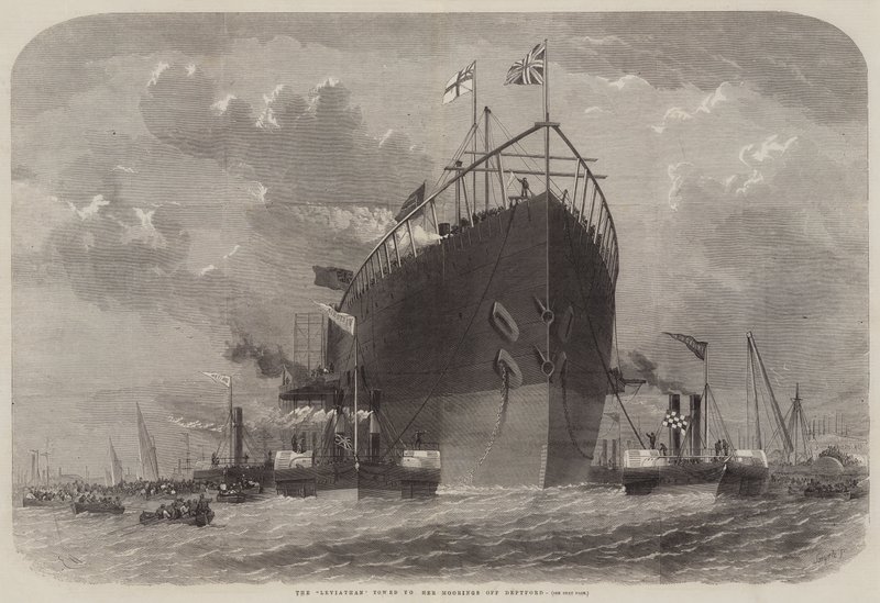 Leviathan bogserad till sin förtöjning utanför Deptford av Edwin Weedon