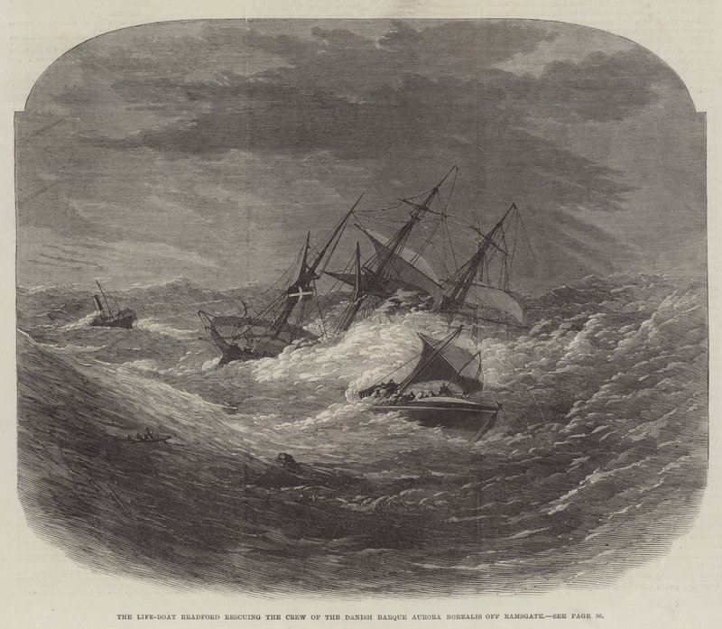 Livbåten Bradford räddar besättningen på den danska barken Aurora Borealis utanför Ramsgate. av Edwin Weedon