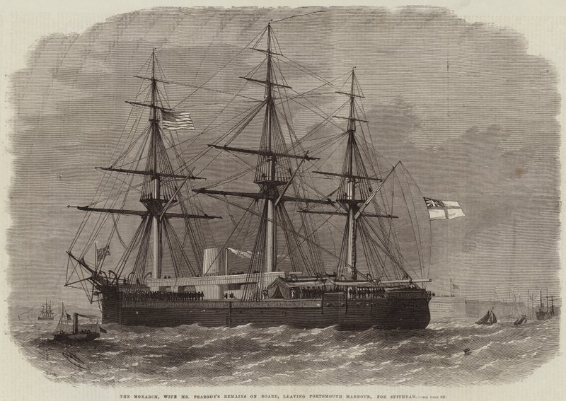 Monarch, med Peabodys kvarlevor ombord, lämnar Portsmouths hamn med destination Spithead. av Edwin Weedon