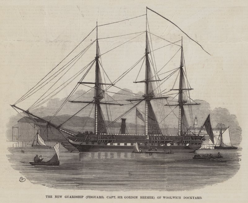 The New Guardship (Fisguard, kapten Sir Gordon Bremer) från Woolwich Dockyard av Edwin Weedon
