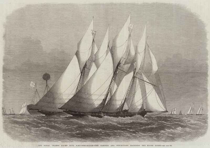 Royal Thames Yacht Club Schooner-Match, Cambria och Witchcraft runt musljuset av Edwin Weedon