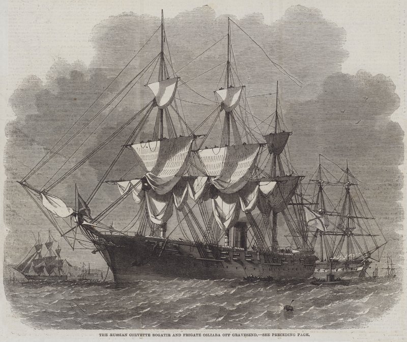 Den ryska korvetten Bogatir och fregatten Osliaba utanför Gravesend. av Edwin Weedon