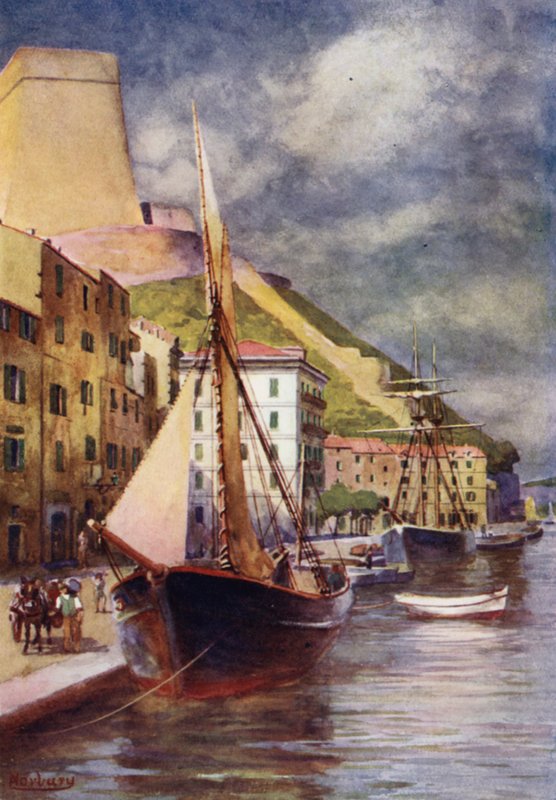 Korsika: Hamnen, Bonifacio (färg litho) av Edwin Arthur Norbury