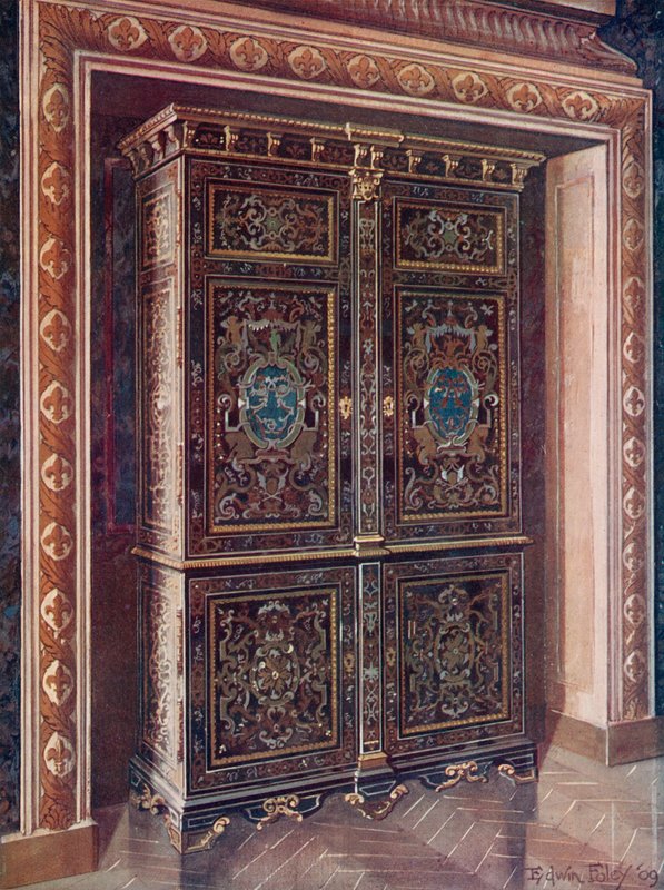 Armoire i ebenholts med inlägg av graverad mässing och vit metall. Jagade Ormolu-fästen. Det kungliga monogrammet av L