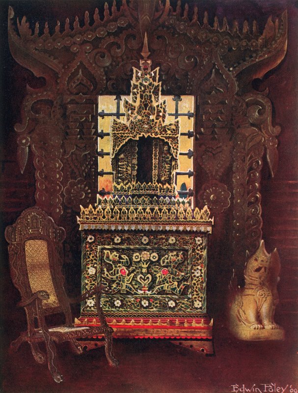 Asiatiska möbler från samlingen av Lord Curzon från Kedleston, G.C.S.I., D.C.L., etc. Burmesiska snidade och förgyllda dörröppningar från Mandalay. Buddhistisk manuskriptlåda (Poongyi) och helgedom (Sadaik) av trä E av Edwin John Foley