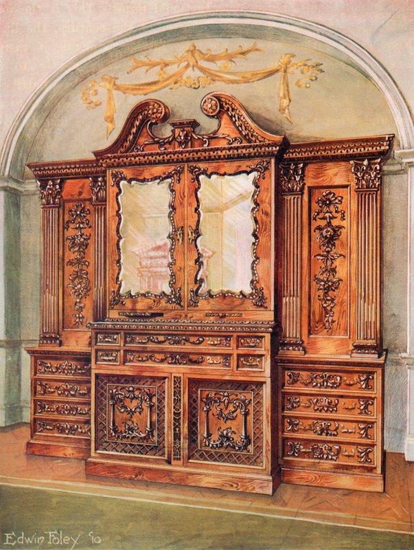 Snidad innesluten bokhylla i mahogny--stil av Chippendale--franskt inflytande av Edwin John Foley