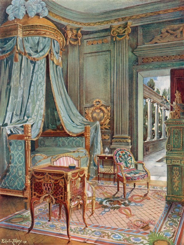 Snidad och förgylld draperad kupolsäng. Bureau-Toilette (eller Petit Secretaire) i Marqueterie. Cartonnier i grön lack av Edwin John Foley