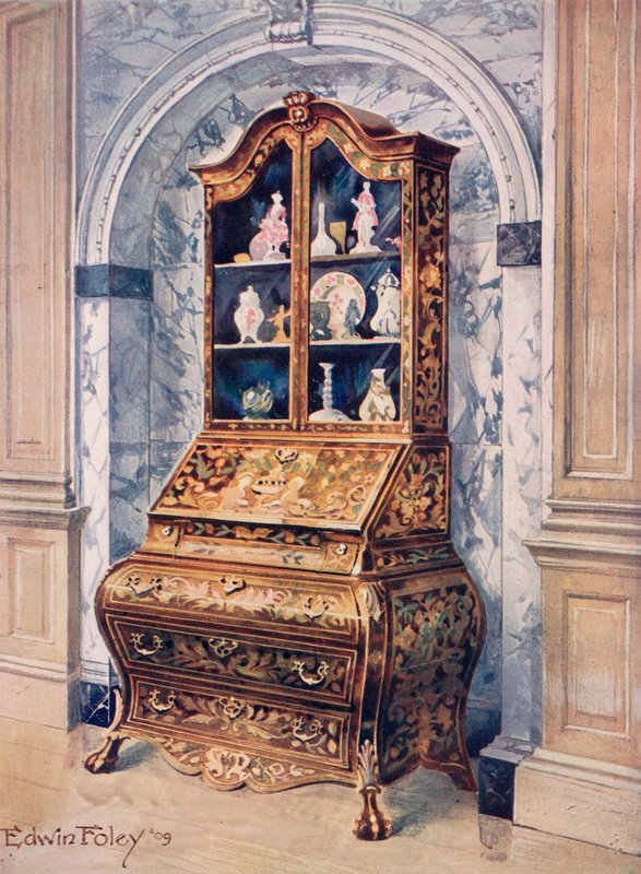 Inlagd Walnut Bombe Bureau-Cabinet av Edwin John Foley