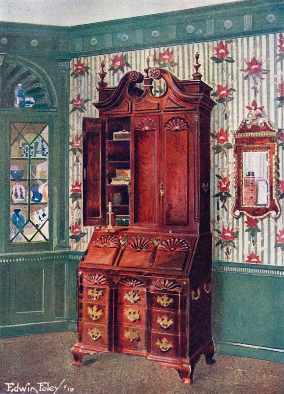 Mahogny skåp-toppad block-front scrutoir. Mahogny och förgylld konstitutionsspegel av Edwin John Foley