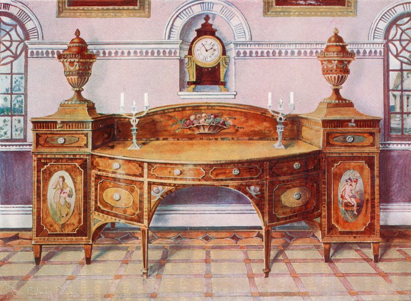 Målad och infälld skänk av satinträ. Klocka med fäste i mahogny av Edwin John Foley