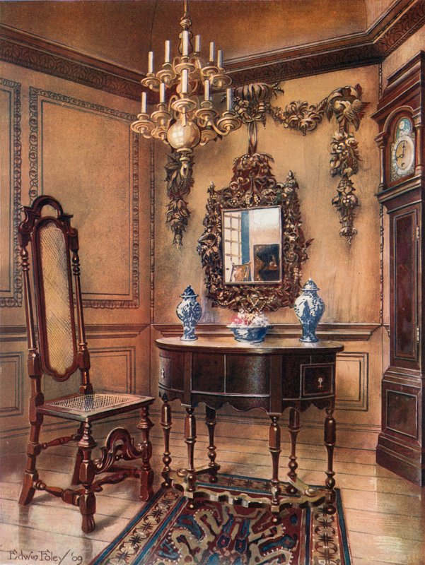 Paneler, med Grinling Gibbon Carvings. Spegelram, valnötsbord, William och Mary. Valnötsstol, Charles Wesleys valnötsklocka av Edwin John Foley