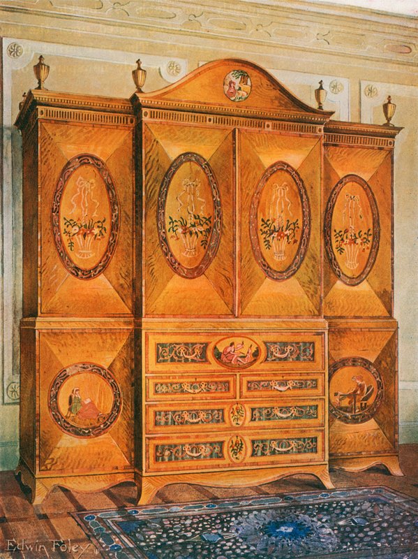 Satinwood garderob, inlagd med tulpanved, harved, järnek, ebenholts, mahogny och andra träslag av Edwin John Foley