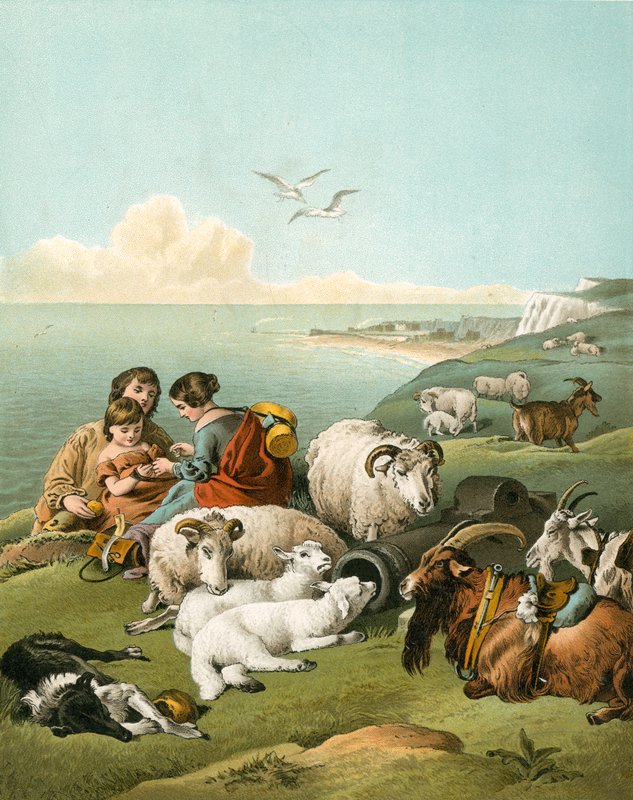 Barn som leker med får och getter på vita klippor av Edwin Landseer