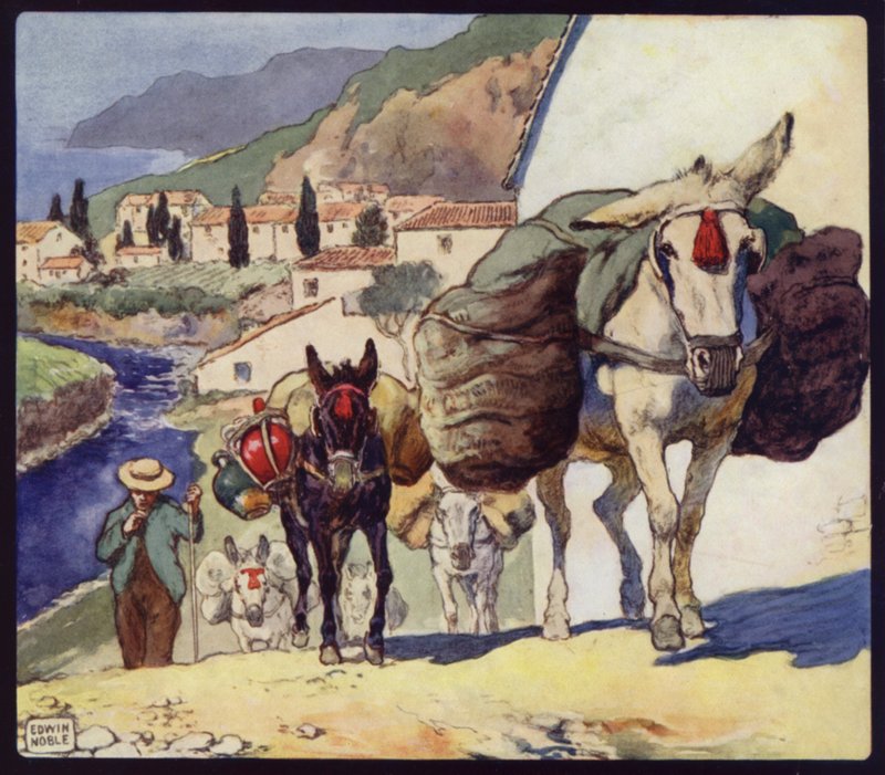 Mulor på ett spanskt pass (färg litho) av Edwin Noble