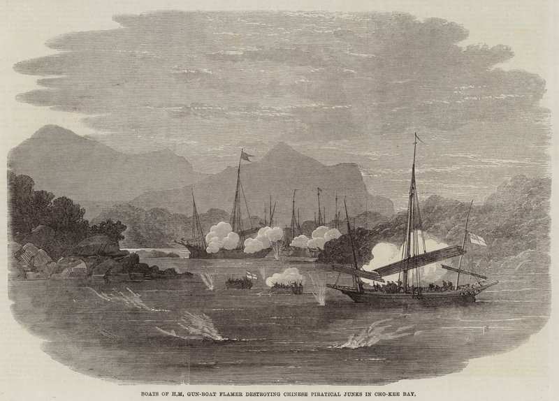 Båtar av HM Gun-Boat Flamer förstör kinesisk piratskräp i Cho-Kee Bay av Edwin Weedon