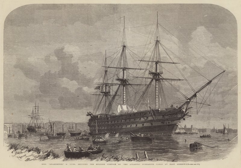 HMS Agamemnon, 91 Guns, fraktar den engelska delen av den atlantiska ubåtskabeln vid East Greenwich av Edwin Weedon