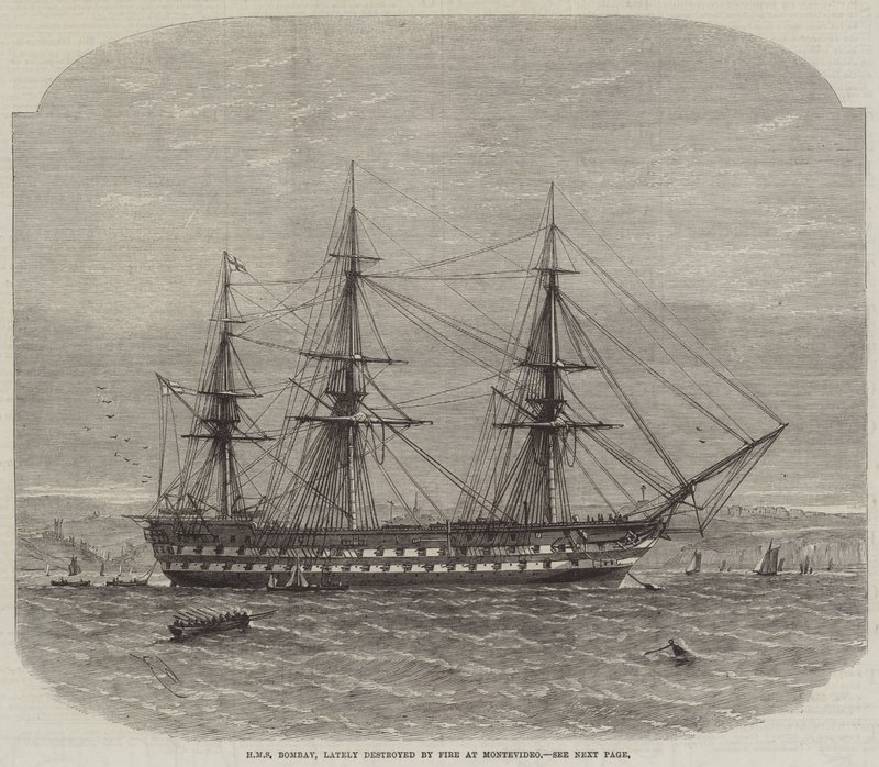 HMS Bombay, förstördes nyligen av branden i Montevideo av Edwin Weedon