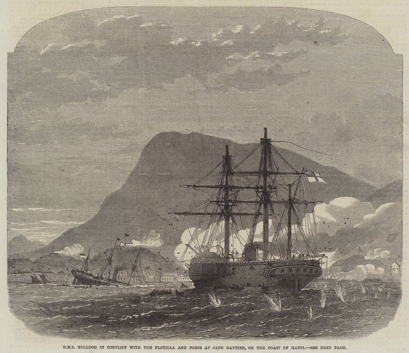HMS Bulldog i konflikt med flottiljen och forten vid Cape Haytien, på Haytis kust av Edwin Weedon