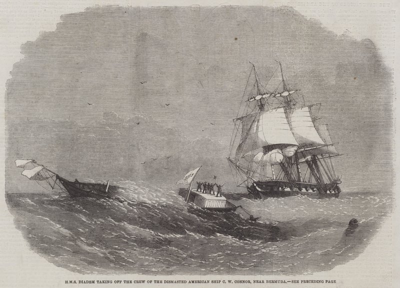 HMS Diadem tar av besättningen på det dismasted amerikanska fartyget C W Connor, nära Bermuda av Edwin Weedon