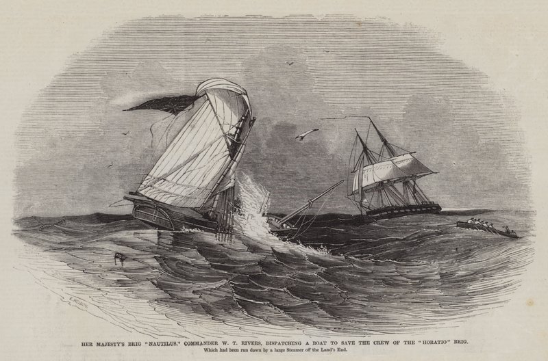 Hennes Majestäts Brig Nautilus, Commander W T Rivers, skickar en båt för att rädda besättningen på Horatio Brig av Edwin Weedon