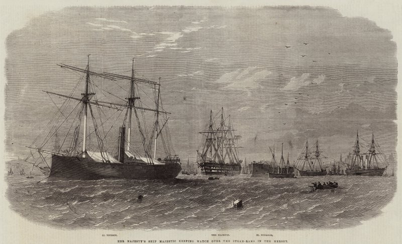Hennes Majestäts skepp Majestic håller vakt över Steam-Rams i Mersey av Edwin Weedon