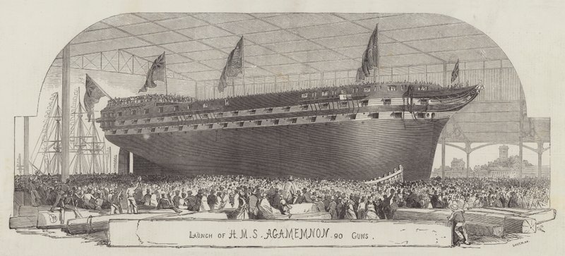 Sjösättning av HMS Agamemnon, 90 kanoner av Edwin Weedon