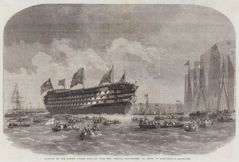 Sjösättning av HM Screw Steam Ship of War the Royal Sovereign, 131 kanoner, i Portsmouth av Edwin Weedon