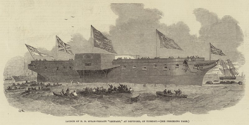 Lansering av HM Steam-Frigate Leopard, i Deptford, på tisdag av Edwin Weedon