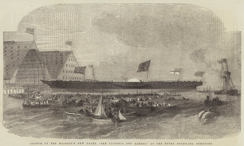 Lansering av Hennes Majestäts nya yacht, The Victoria and Albert, på Royal Dockyard, Pembroke av Edwin Weedon