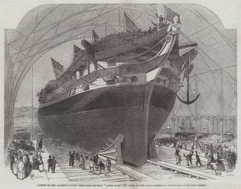 Sjösättning av Hennes Majestäts skruvkrigsskepp James Watt (90 kanoner) vid Royal Dockyard i Pembroke. av Edwin Weedon