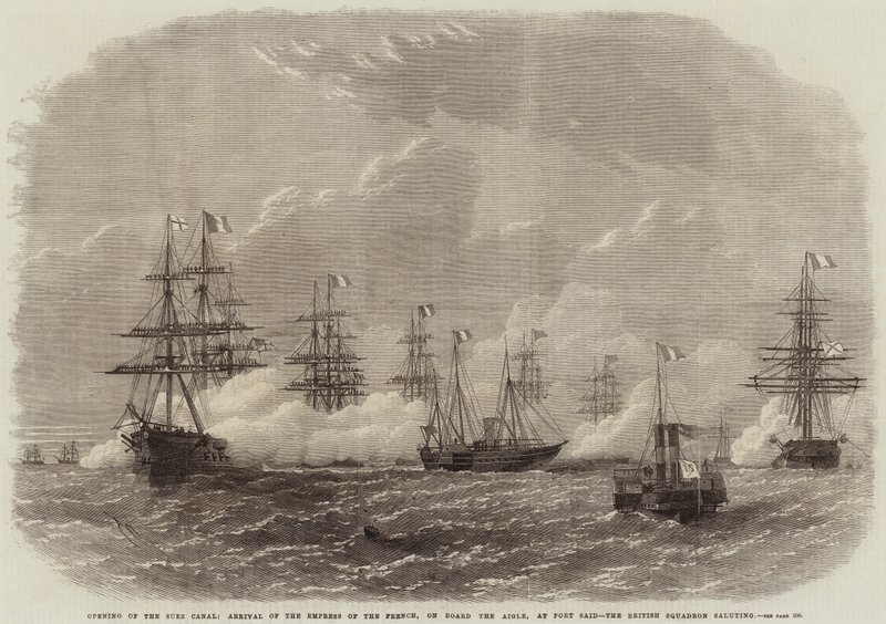 Öppnande av Suezkanalen, Fransmännens kejsarinnans ankomst ombord på Aigle, vid Port Said, den brittiska skvadronen hälsar av Edwin Weedon
