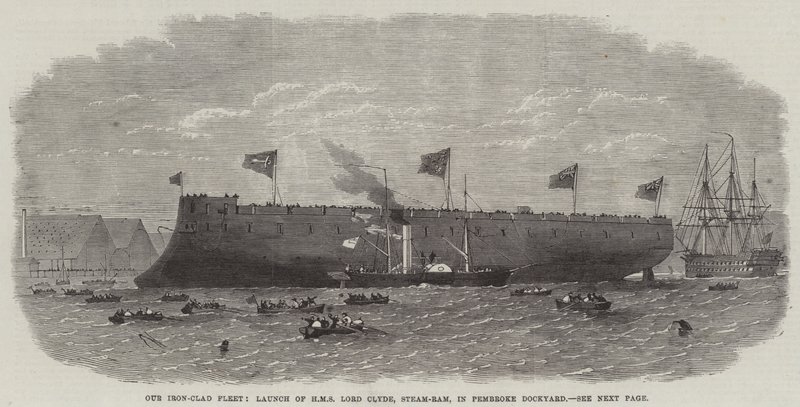 Vår järnklädda flotta, lansering av HMS Lord Clyde, Steam-Ram, i Pembroke Dockyard av Edwin Weedon