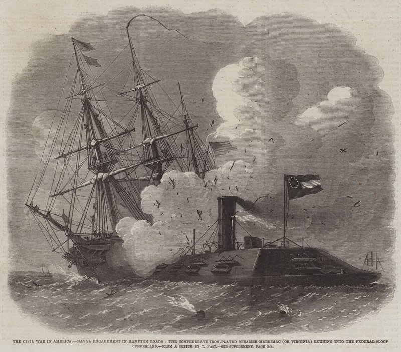 Inbördeskriget i Amerika, sjöstrid i Hampton Roads, konfederationens järnpläterade ångfartyg Merrimac (eller Virginia) som stöter på den federala sloopen Cumberland. av Edwin Weedon
