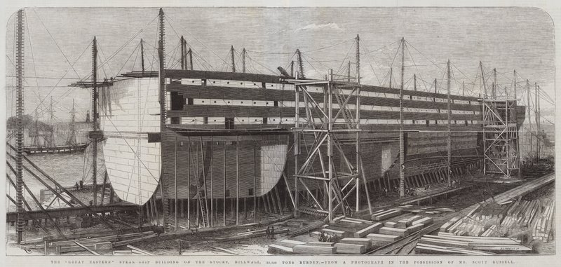 Great Eastern Steam-Ship-byggnaden på Stocks, Millwall, 22 500 tons börda av Edwin Weedon