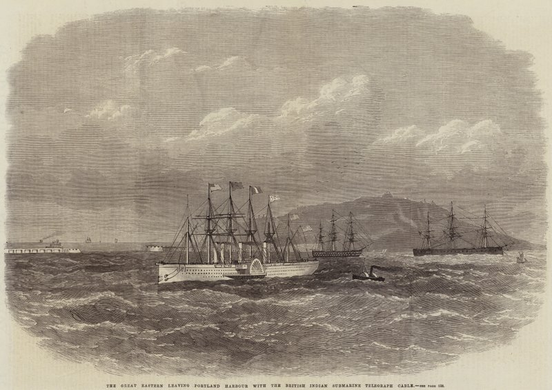 Great Eastern lämnar Portland Harbor med den brittiska indiska ubåttelegrafkabeln av Edwin Weedon