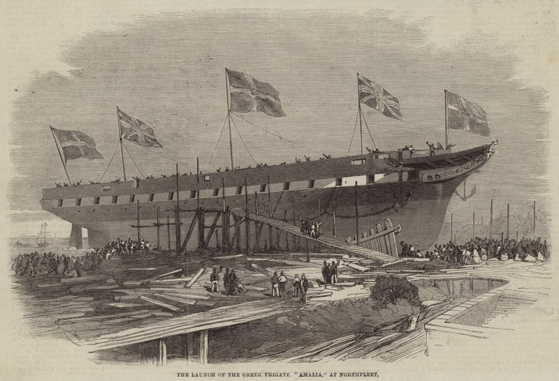 The Launch of the Greek Frigate Amalia, at Northfleet  av Edwin Weedon
