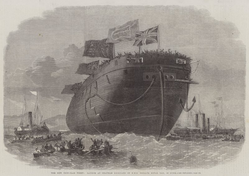 Den nya järnplåtsflottan, sjösättning av HMS Fregatt Royal Oak, 50 kanoner, vid Chatham Dockyard av Edwin Weedon
