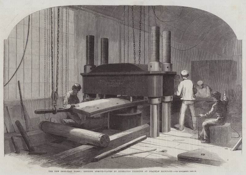 Den nya järnplåtsflottan, som binder pansarplåtar med hjälp av hydrauliskt tryck vid Chatham-varvet av Edwin Weedon