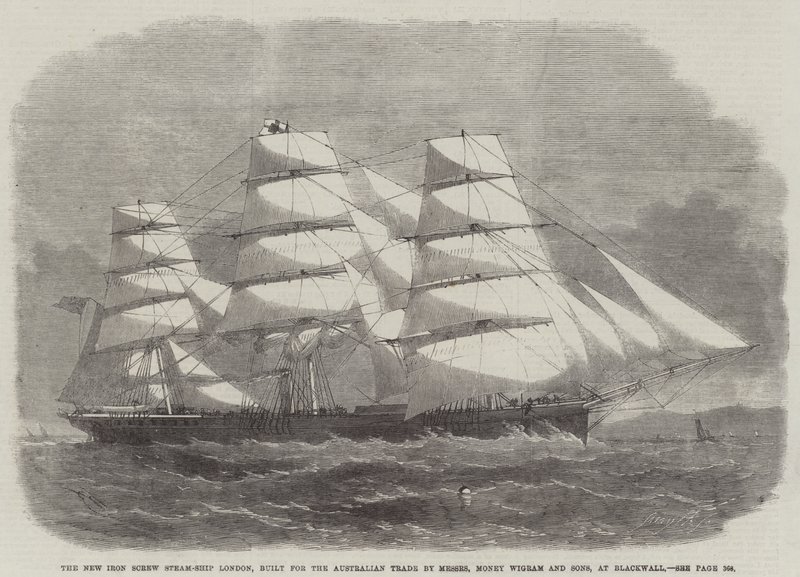 The New Iron Screw Steam-Ship London, byggt för den australiensiska handeln av Messers Money Wigram and Sons, på Blackwall av Edwin Weedon