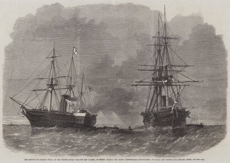 Kapten Wilks, av USA:s krigsskepp San Jacinto, beslagtagande av Messers Slidell och Mason, konfedererade kommissionärer, ombord på den brittiska Mail-Steamer Trent av Edwin Weedon