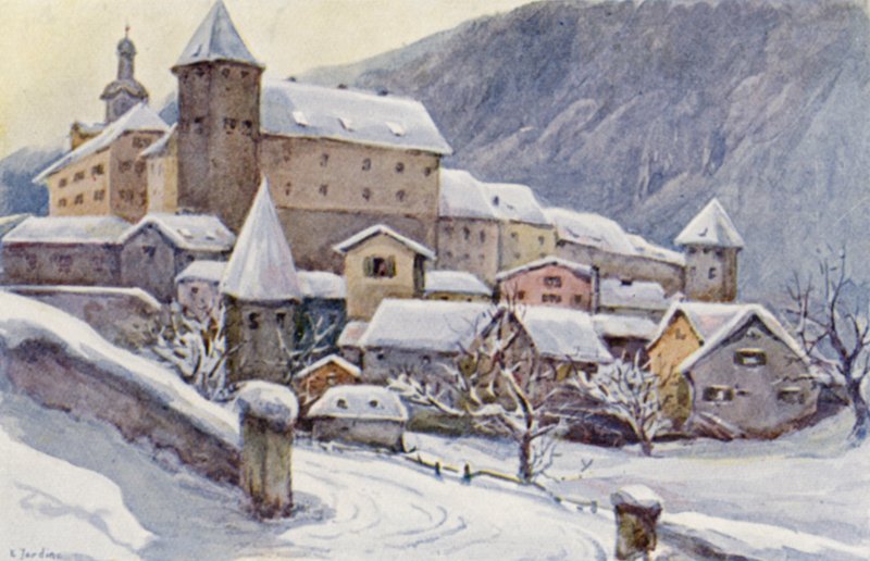 Rhen: Chur, Coire, Biskopspalatset (färglitografi) av Effie Jardine