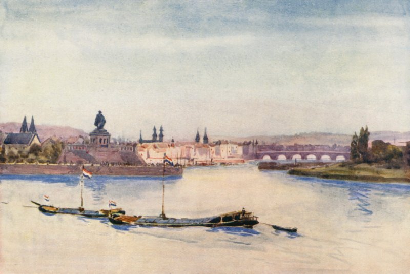 Rhen: Sammanflödet av Rhen och Mosel (färglitografi) av Effie Jardine