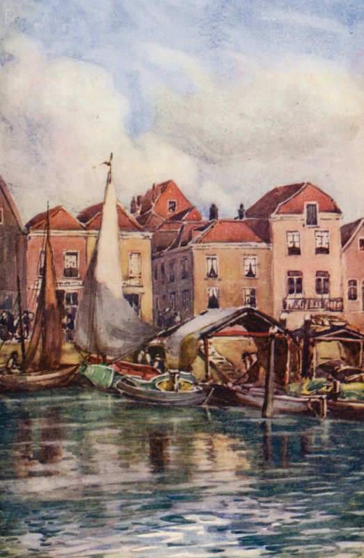 Rhen: Dordrecht, Fiskmarknaden (färglitografi) av Effie Jardine